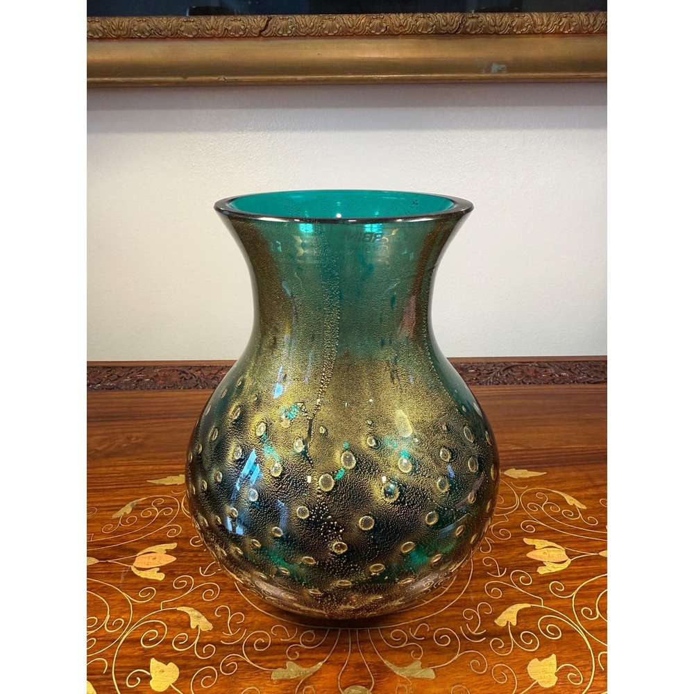 Signed Barbini Murano Art Glass Vase Emerald Green Gold Aventurine Bullicante 7"